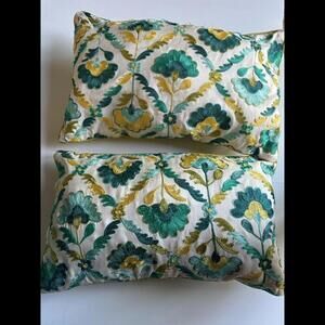 Pier 1 Embroidered Floral Pillow Greens and Blues 19x12